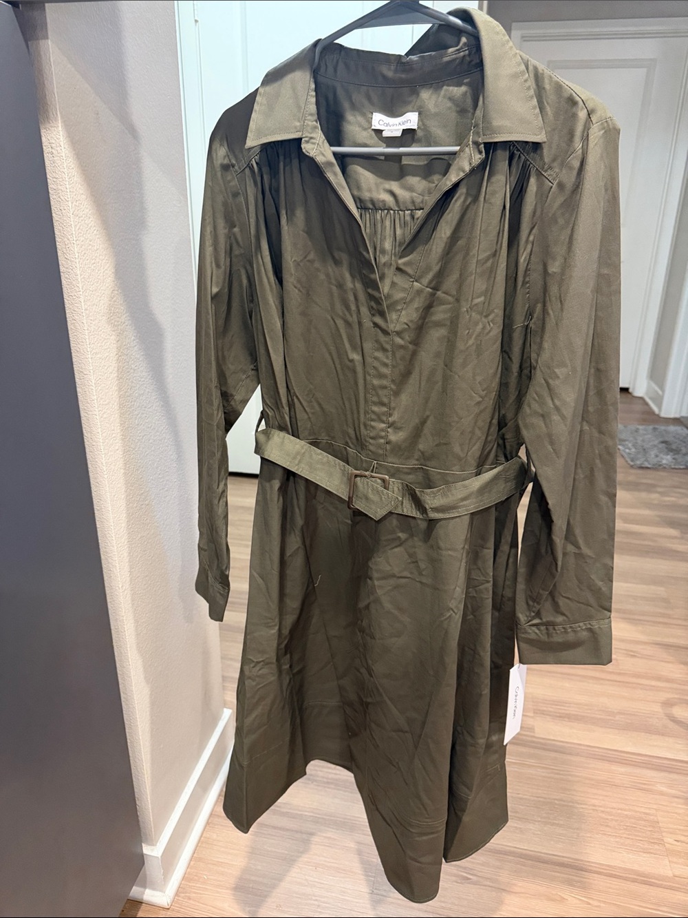 Calvin Klein Olive-Tone Long Sleeve Belted Shirtdress